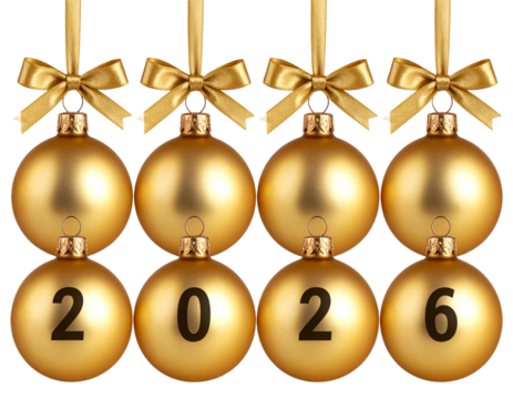  Golden Christmas ornaments with 2026 numbers, festive New Year decor isolated on transparent background PNG