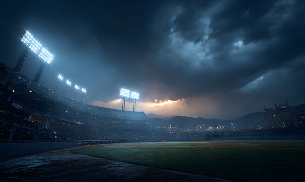 Fototapeta An epic backdrop with baseball stadium lights and field lights for sports photography