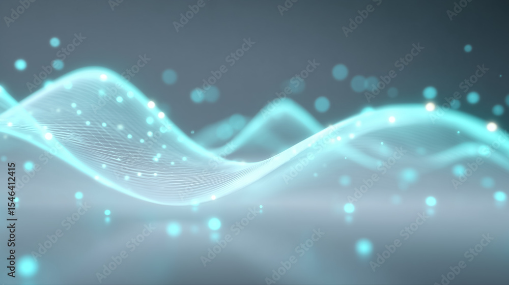 Poster dynamic glowing waves flow gracefully with luminous particles dancing within a calm digital space. s