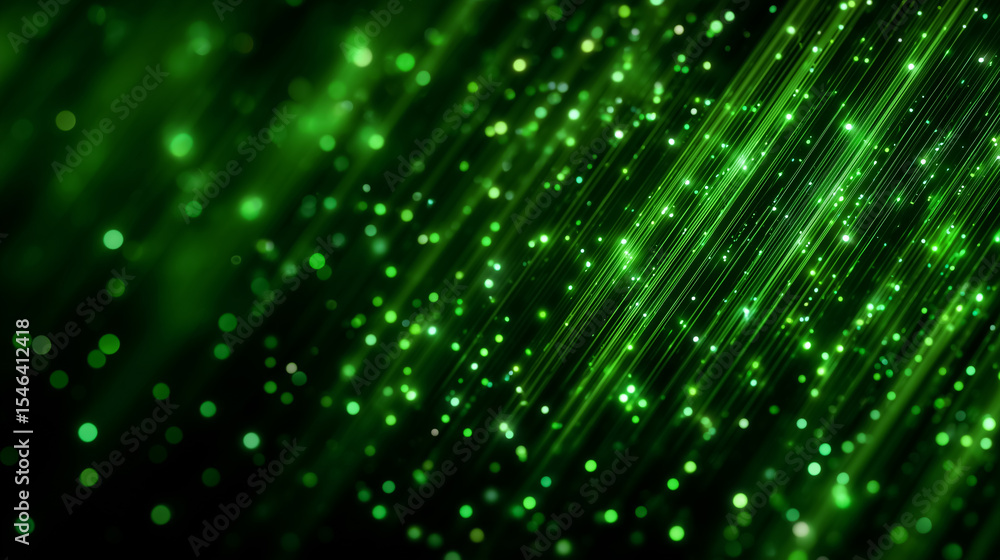 Poster dynamic green background filled with luminous particles and bright streaks creating an abstract effe