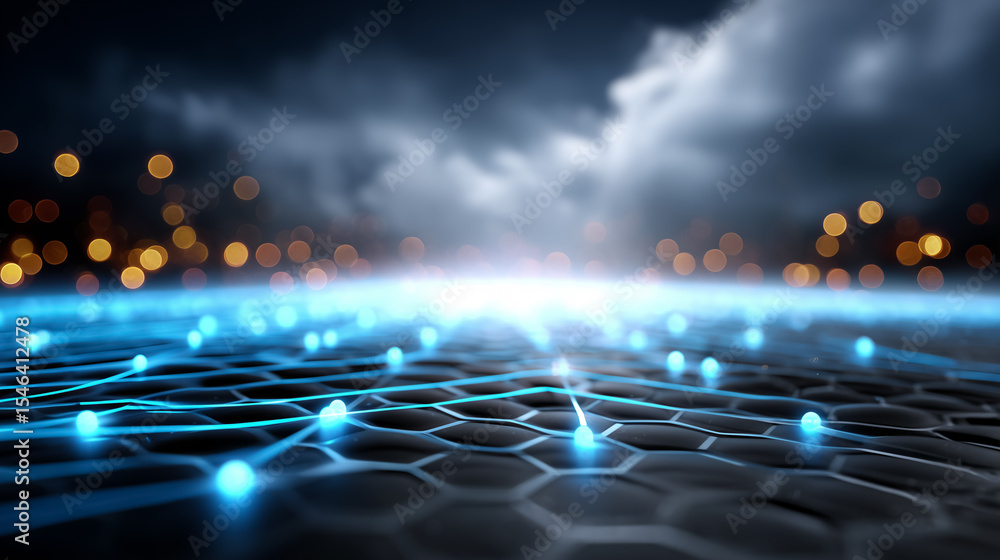 Poster glowing blue lines form a hexagonal pattern across a dark surface, enhancing a digital landscape. bo