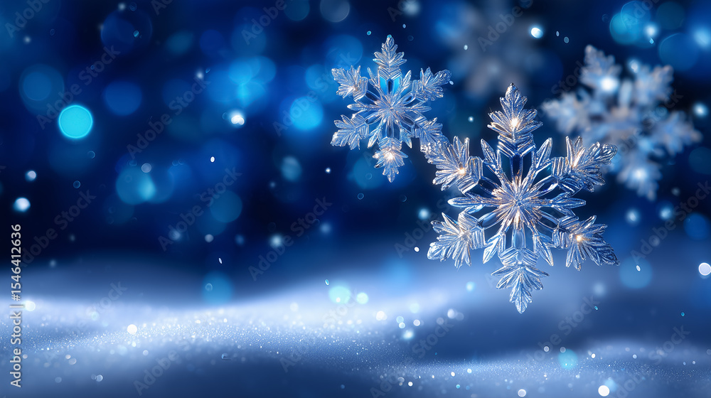 Poster snowflakes softly fall in a winter setting with glistening blue bokeh background enhancing the frost