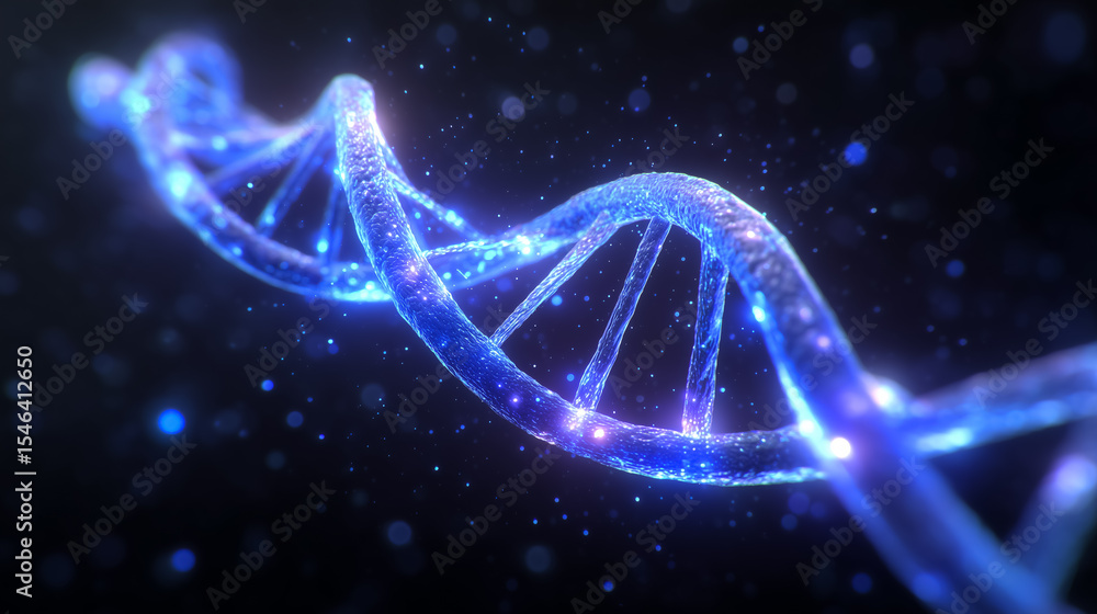 Poster glowing blue and purple dna helix floating in dark space, showcasing intricate patterns and detail. 