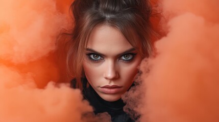 A captivating close-up portrait featuring a model framed by vibrant orange smoke, highlighting her striking features and intense gaze against a dramatic backdrop.