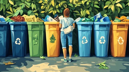A young girl organizes recyclable materials in brightly colored bins surrounded by lush greenery. Perfect for promoting recycling and environmental awareness.