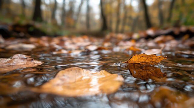 A serene scene capturing autumn leaves gently floating on still water, surrounded by trees, evoking feelings of peace and the beauty of nature in fall. - Powered by Adobe