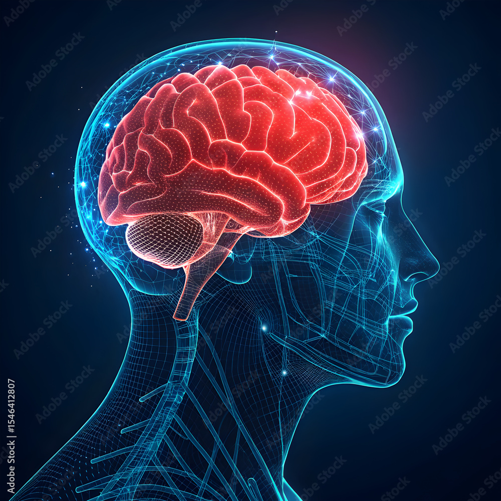 Poster blue neon wireframe of a human brain, glowing red from the center, showcasing a futuristic and high-