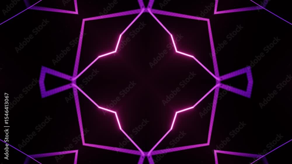 Poster neon kaleidoscope motion loop on black canvas. abstract seamless loop of glowing neon lines with kal