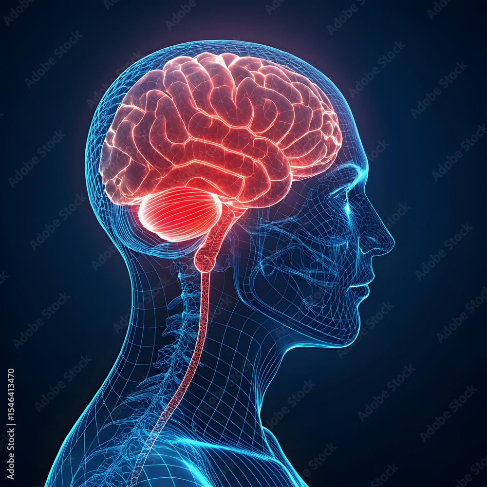 Poster blue neon wireframe of a human brain, glowing red from the center, showcasing a futuristic and high-