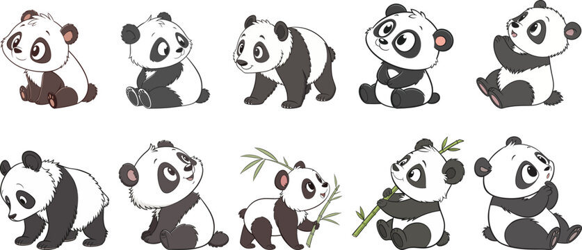 cute panda in different poses cartoon set vector illustration