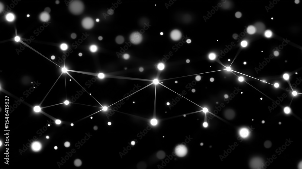 Poster dynamic network of bright nodes connected by lines against a solid black background expressing digit