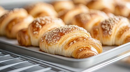 Golden flaky croissants freshly baked to perfection showcase the artistry and craftsmanship of baking, inviting indulgence with their tempting appearance and aroma.