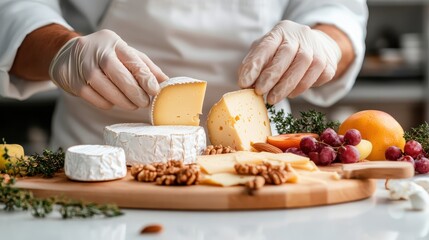 A skilled chef prepares an elegant cheese platter, artfully arranging selections with fruits and nuts, exemplifying gourmet presentation and culinary expertise in a kitchen.