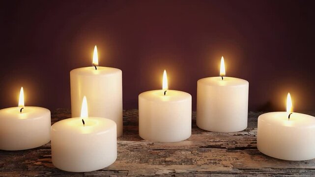 Row of candles are lit on a wooden table. The candles are white and are lit up, creating a warm and cozy atmosphere. The candles are arranged in a neat row