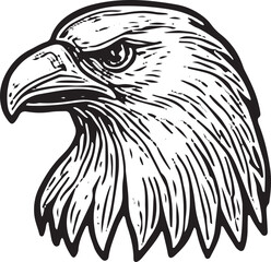 A detailed eagle head in profile, crafted in vintage woodcut style, representing American strength and patriotic symbolism