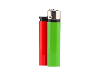 Colorful Red and Green Plastic Lighters Isolated on White Background for Design and Seasonal Themes