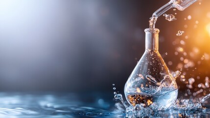 A dynamic image of water pouring into a laboratory flask creates a dramatic splash, symbolizing science and the beauty of experimentation in a visually striking manner.