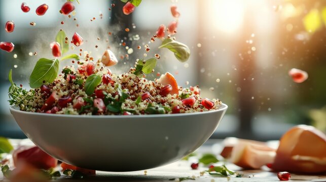 This vibrant quinoa salad topped with fresh ingredients and pomegranate bursts represents a fusion of health and flavor, celebrating nutritious eating and culinary creativity.