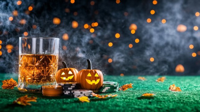 Whiskey glass with two glowing jack o' lanterns and poker chips on a green gaming table for Halloween celebration. All Hallows Eve, Samhain