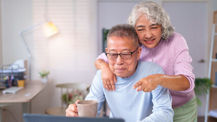 Asian Older Couple Enjoying Retirement at Home Looking at a Laptop with Coffee Loving Each Other Spending Quality Time Together in Living Room