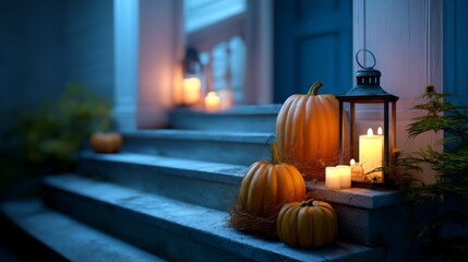 Fototapeta premium Orange pumpkins decorated with artificial candles and an antique lantern on the stone steps of a house at dusk for Halloween holiday. All Hallows Eve, Samhain