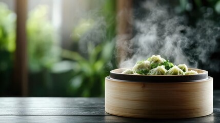 Delicious dumplings steaming in a bamboo steamer, radiating warmth and flavor, capturing the essence of traditional Asian cuisine artistry.