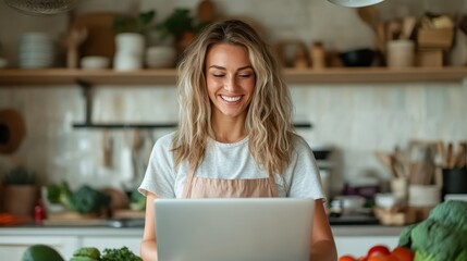 A cheerful woman in a casual apron works on her laptop while surrounded by fresh vegetables and kitchenware, embodying a healthy lifestyle and passion for cooking.