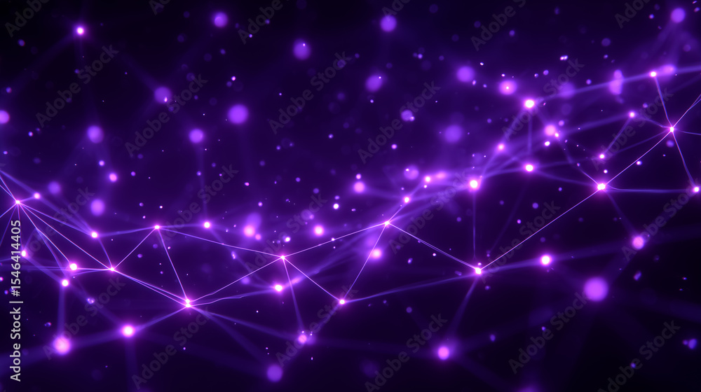 Poster colorful abstract composition depicting glowing purple nodes interconnected with lines, creating a d