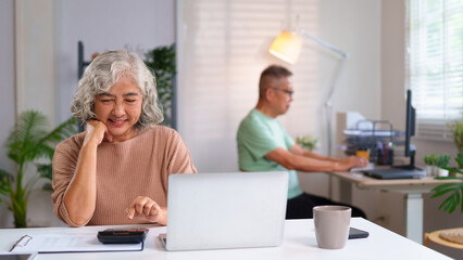 Senior Asian Couple Managing Home Finances Online Happy Elderly Woman Using Calculator and Laptop for Budgeting Loving Older Adult at Desk