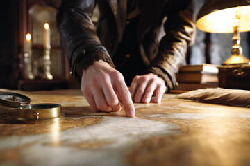 Man studying antique map, finger resting on a marked spot. Cozy room with warm light from lamp, surrounded by books and candles. Concept of exploration, history, education