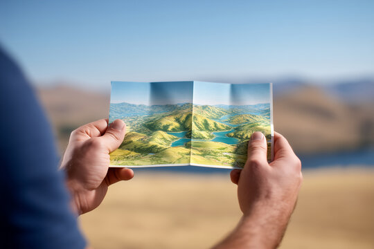 Person examines travel map showcasing vibrant hills and river landscape. Outdoor location features blue sky and serene environment. Concept for travel agencies, outdoor adventure, tourism