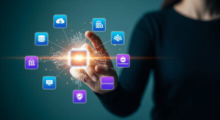 Hand interacting with holographic AI interface, showcasing digital icons for cloud, database, ecommerce, and security, representing technological innovation and digital business solutions