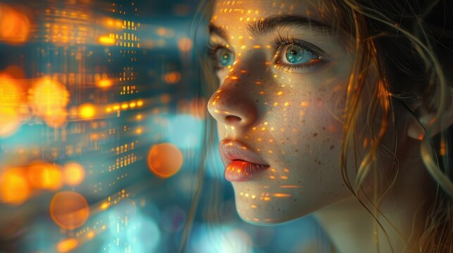A striking portrait of a young woman with digital patterns overlaying her face, representing the fusion of technology and identity in a modern, artistic approach.