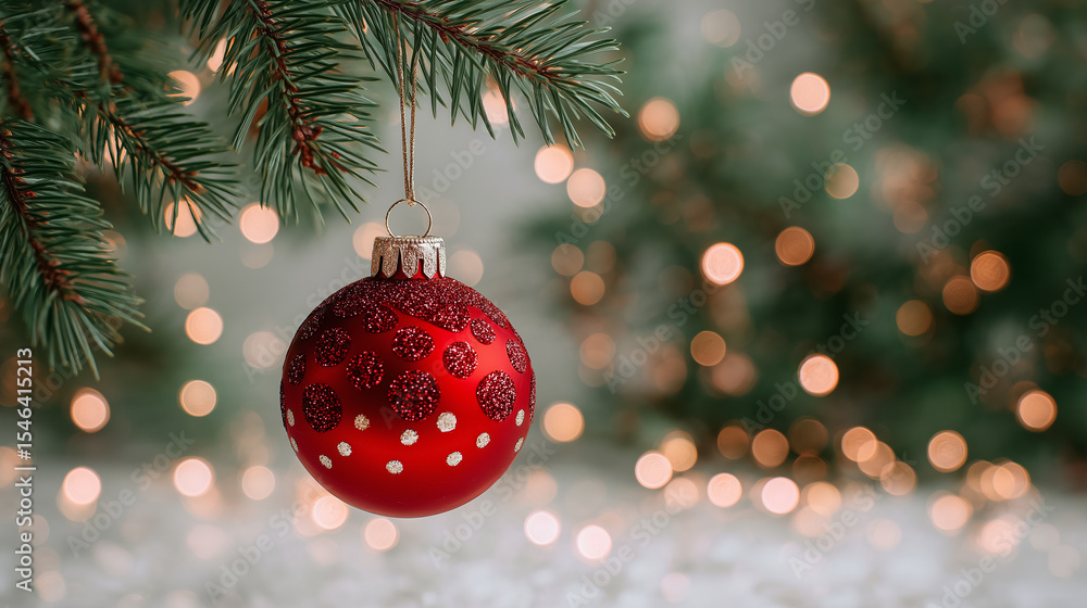 Poster red ornament adorned with glittering spots hangs from a lush evergreen branch. bokeh lights create a