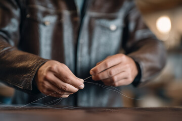 Skilled craftsman threads a needle with focused hands in a rustic workshop. Warm wooden surfaces and tools create an authentic atmosphere. Concept of craftsmanship, tailoring, handmade goods