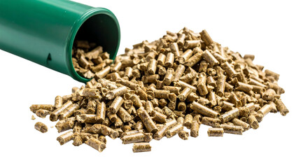 Green Plastic Tube Spilling Natural Wood Pellets on White Background for Eco-Friendly Products