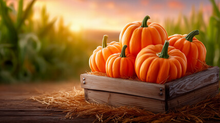 Bright orange pumpkins arranged in wooden crate on straw. Sunset illumination creates warm atmosphere in agricultural setting. Concept of farming, autumn harvest, seasonal events