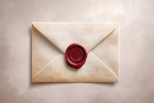 Old-fashioned sealed envelope with rich red wax seal resting on soft textured background. Concept of classic correspondence, letter writing, stationery