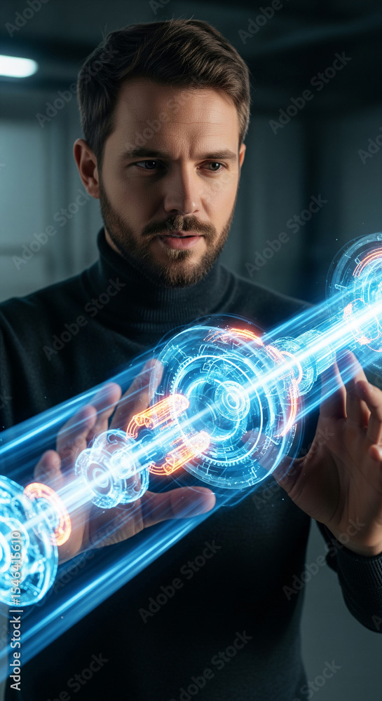 Poster man interacts with translucent blue digital interface, showcasing technological innovation and futur