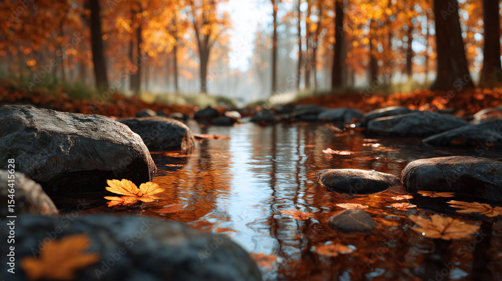 Poster autumn leaves float on calm water of a stream surrounded by trees in golden hues. sunlight filters t