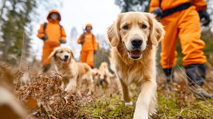 Golden retriever search dogs with rescue team in bright orange suits walking through forest during training or emergency operation