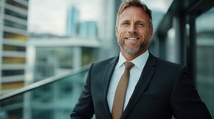 Fototapeta premium A charismatic businessman smiles confidently against a backdrop of a modern city, embodying success, professionalism, and the dynamic spirit of urban business life.