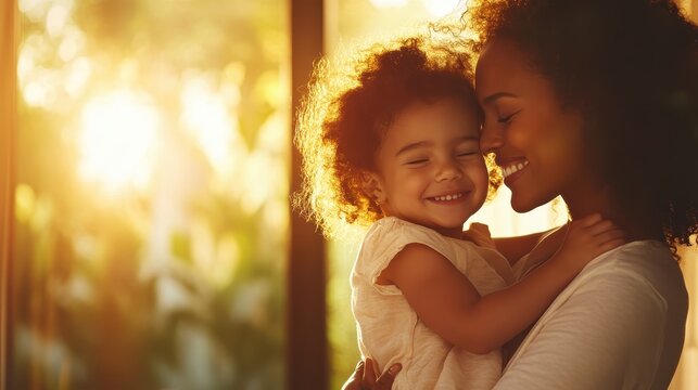 A loving mother joyfully embraces her smiling child, showcasing the bond of love and warmth shared between them against a backdrop illuminated by golden sunlight.