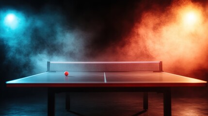 A ping-pong table stands illuminated by contrasting colored lights, evoking excitement and competitive spirit in this dynamic and energized sports scene.