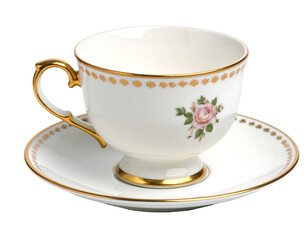 Elegant porcelain tea cup with decorative rose pattern and golden accents on saucer and handle