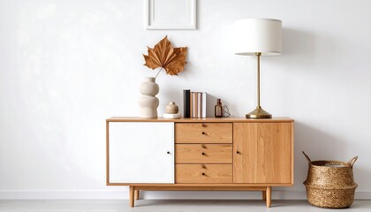 Cozy Autumn Interior Wooden sideboard with decor, and lamp  leaf against white wall.