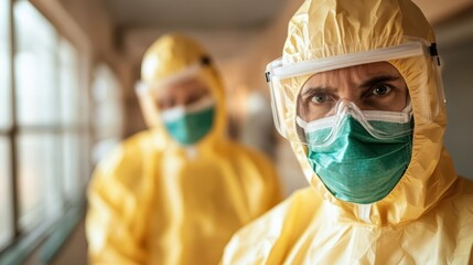 Two determined healthcare workers, clad in bright yellow protective suits and masks, stand ready for duty, representing resilience and dedication amidst health challenges.