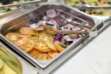 Fresh Sliced Tomatoes and Red Onions in Buffet Serving Tray