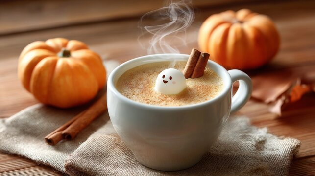 Hot steaming coffee cup with a ghost marshmallow and cinnamon sticks. Halloween pumpkin spice latte, festive autumn drink. All Hallows Eve, Samhain