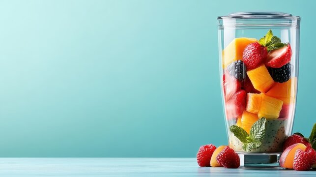 A vibrant display of assorted fruits within a blender, symbolizing health and vitality, exemplifying a delicious and healthy lifestyle choice for smoothies and nutrition.